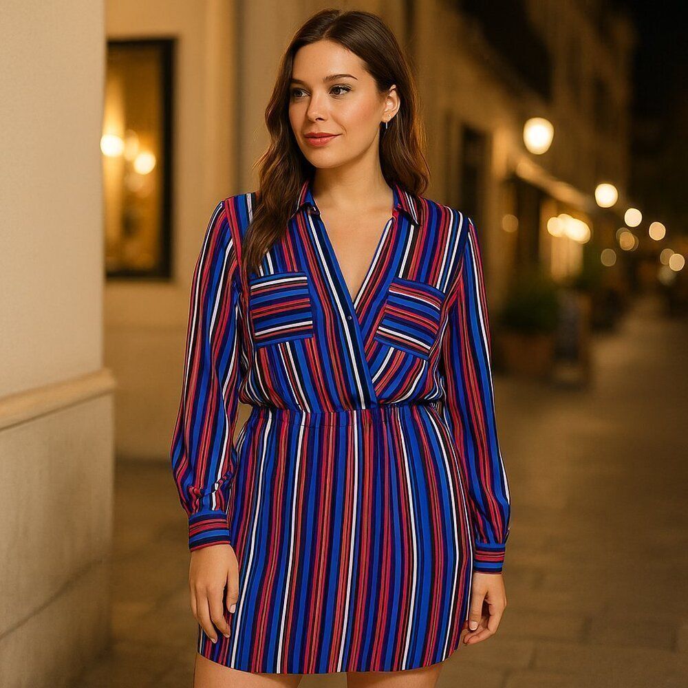 Express Multicolor Striped Surplice Mini Dress Size L – Fall Must-Have Preppy